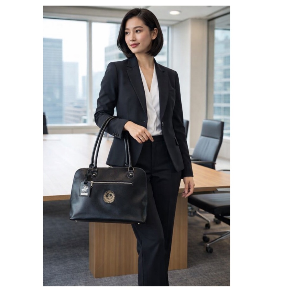 Beverly Hills Polo Club Women’s Black Leather Business Tote w/Free Holiday Scarf